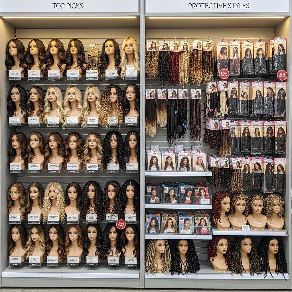  Outre Wigs Wholesale assortment on a U.S. retail endcap