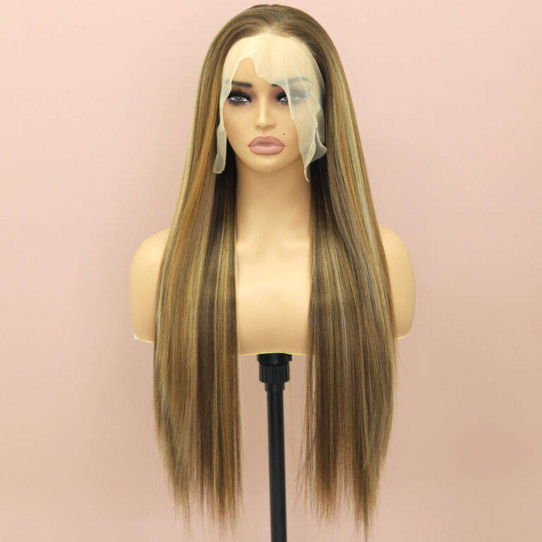 bulk sale customized synthetic wigs 13×4 Lace front wigs silk straight blonde mixed brown color 4-bBR-8-S