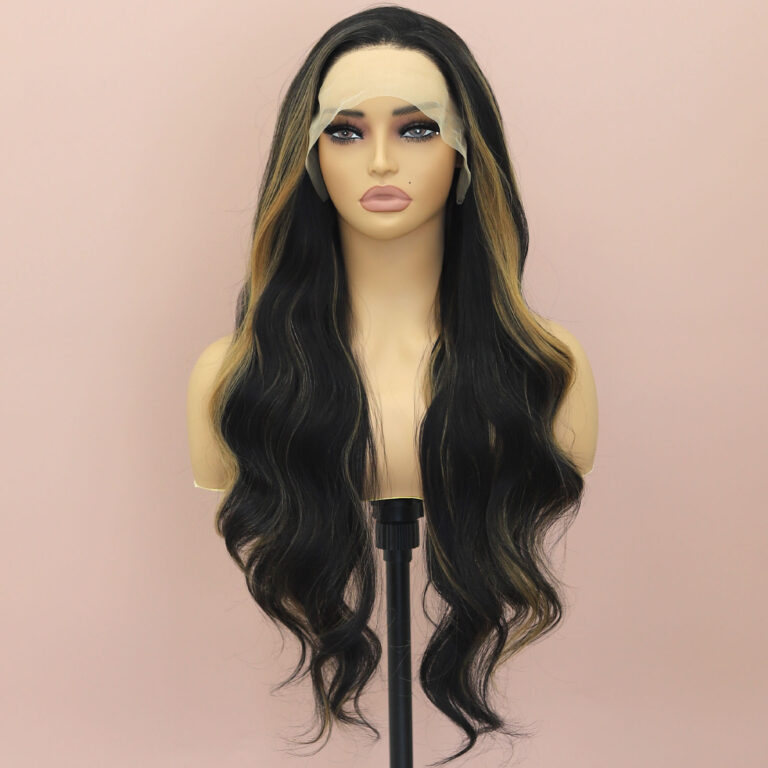 wholesale synthetic 13×4 lace front wigs body wave cuastomized black mixed blonde color 4-f4-27-1-S