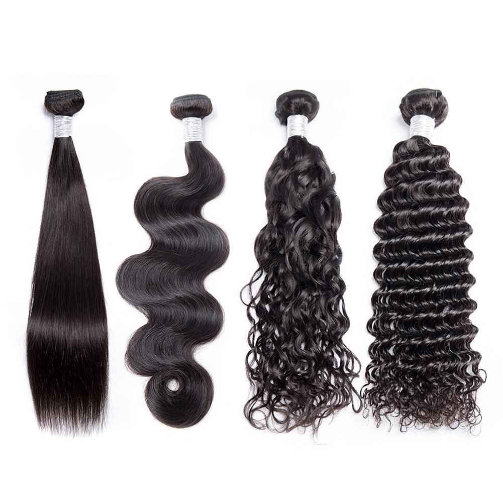 Four diverse hair bundles in straight, body wave, deep wave, and loose curl styles from our hair extension wholesale factory China, on a clean white background.