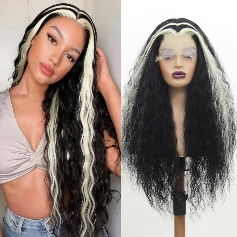  Black Mix White Wigs Curly Lace Front Wigs Black with White Streak Wigs White Skunk Stripe Wig Synthetic Lace Front Wigs for Women 26 Inch