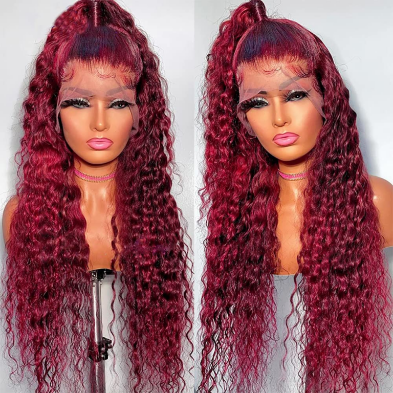 Red Curly Lace Front Wigs Burgundy Lace Wig Dark Red Long Deep Wave Synthetic Lace Front Wig with Baby Hair Pre-plucked Hairline Red Wigs for Black Women (26″ red curly lace wigs)