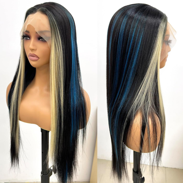 Black Wigs with Highlight Blonde & Blue Lace Front Wigs 26 Inch Synthetic Heat Resistant Fiber Hair Wigs for Women (Straight-Blonde and Blue Highlight Black Wig)