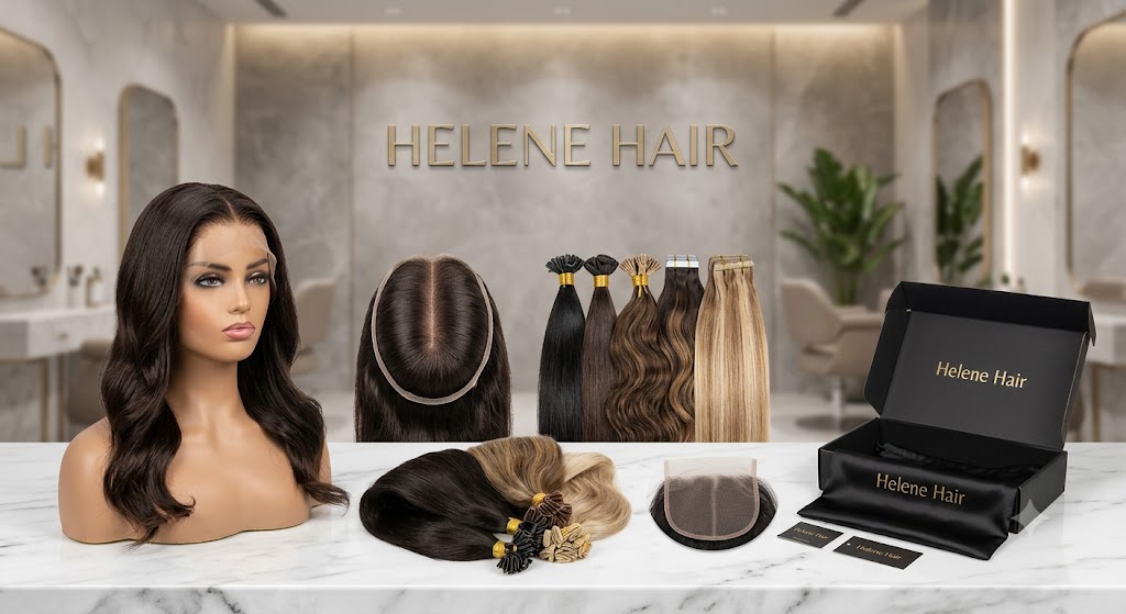 A premium luxury wholesale hair display by Helene Hair direct factory. The image showcases high-end human hair wigs on mannequins, cuticle-aligned hair extensions (including tape-ins and K-tips), hand-tied silk base hair toppers, and seamless HD lace closures arranged elegantly on a marble counter in a modern showroom with luxury custom branded packaging.