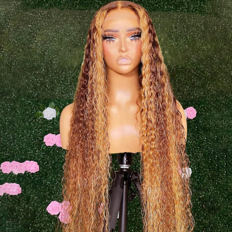 Brown Streak Wig Highlight Lace Front Wigs Deep Wave Wig Glueless Lace Frontal Wigs for Black Women Synthetic Heat Resistant Fiber Daily Use Wigs 24-26 Inch