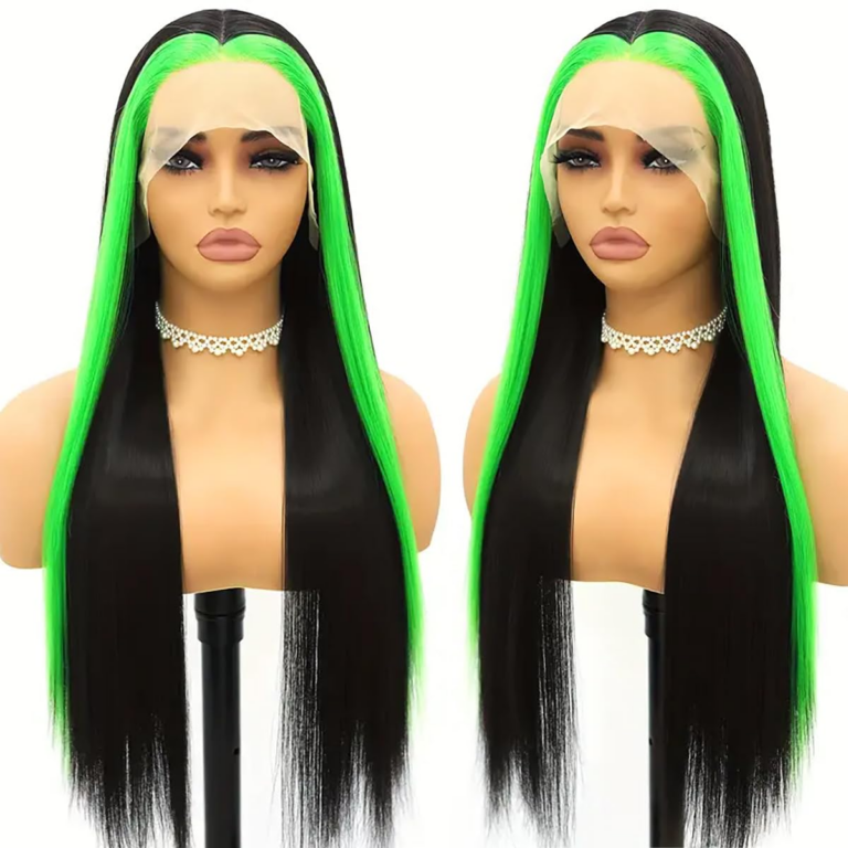  Black Straight Wigs with Green Streak Glueless Lace Front Wigs Synthetic Heat Resistant Fiber Wigs for Women 26 Inch (Straight-Front Green Streak Black Wig)