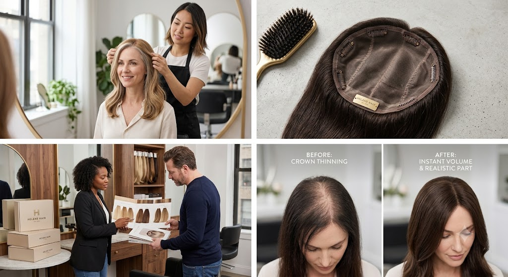 A four-image collage showcasing premium hair toppers in a professional salon setting. Top-left: A hairstylist gently adjusting a luxury hair topper on a smiling blonde client looking in a mirror. Top-right: The detailed inside construction of a dark brown monofilament/silk base hair topper showing secure pressure-sensitive clips and a Helene Hair branded label next to a gold hairbrush. Bottom-left: A male salon client and a female B2B sales manager reviewing a Helene Hair catalog next to stacked Helene Hair shipping boxes. Bottom-right: A clear before-and-after split showing the transformation from a thinning crown (Before) to instant volume and a realistic parting line (After) using a Helene Hair topper.