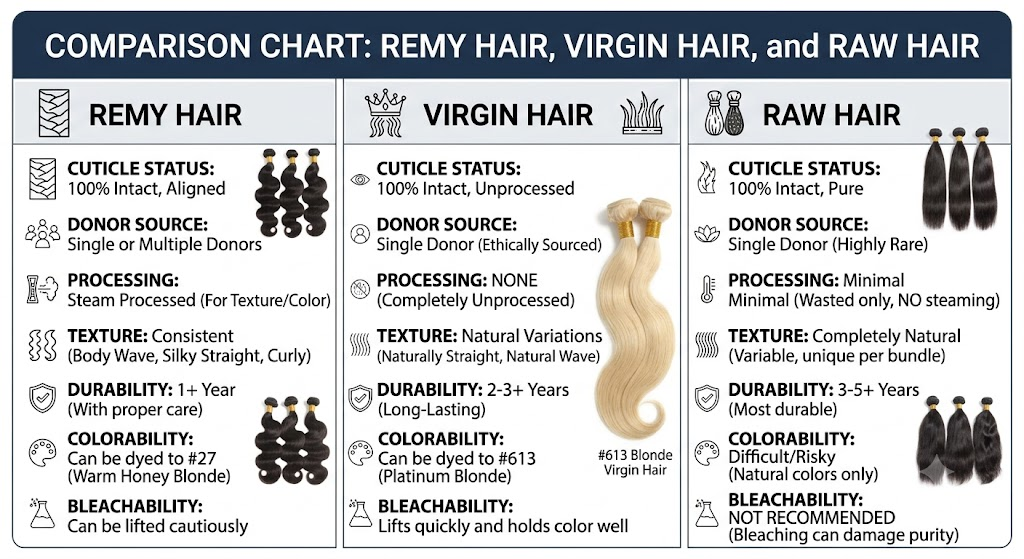 B2B comparison chart by Helene Hair showing the key differences in cuticle alignment, processing, and durability between Remy, Virgin, and Raw hair for human hair wholesale buyers.