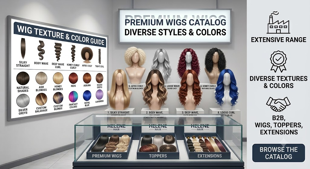 A detailed comparison chart and catalog display for human hair wholesale from Helene Hair, showcasing a wide range of wig textures (Silky Straight to Tight Coil) and custom colors (Blondes, Reds, Balayage, Fantasy tones). The display includes mannequins with diverse styles and labeled glass cases for wigs, toppers, and extensions.