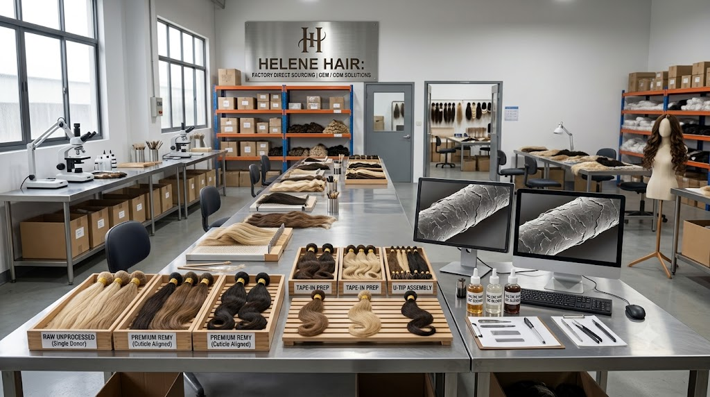 A wide range of categorized human hair extensions in a professional wholesale factory environment, showcasing raw unprocessed and premium remy hair, pre-bonded tip extensions, quality verification stations, and the "HELENE HAIR" global direct sourcing center.