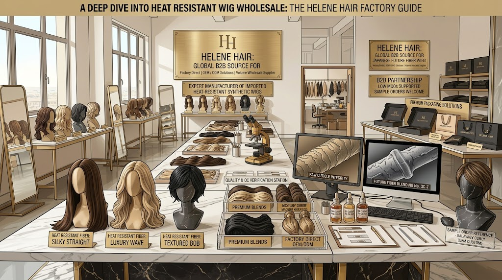 Premium heat resistant synthetic wig wholesale samples displayed on mannequins in Helene Hair factory showroom, featuring natural matte finish and restylable thermal fibers.