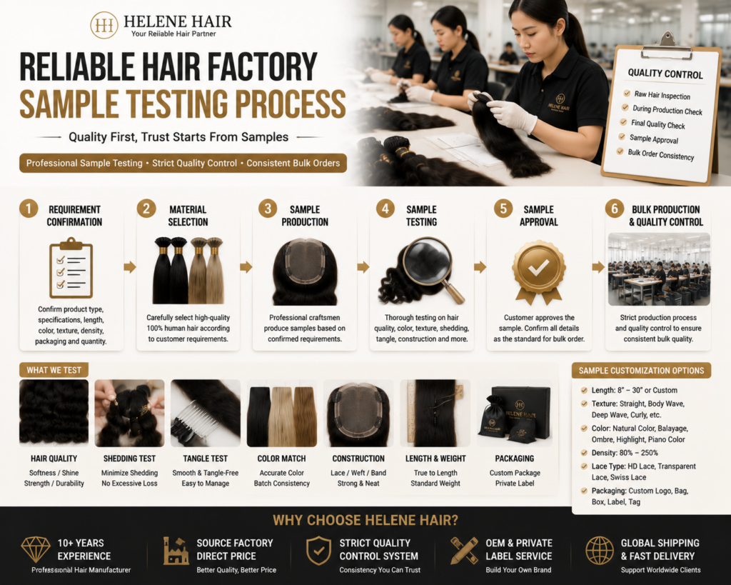 Reliable hair factory sample testing process showing Helene Hair quality inspection workflow, custom wig and hair extension sample evaluation, factory quality control, and wholesale hair product testing before bulk production.