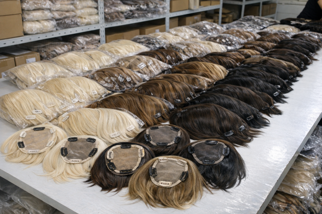 A wide collection of human hair toppers in various colors, bases, and styles arranged neatly on a table at a wholesale bulk hair toppers supplier warehouse.