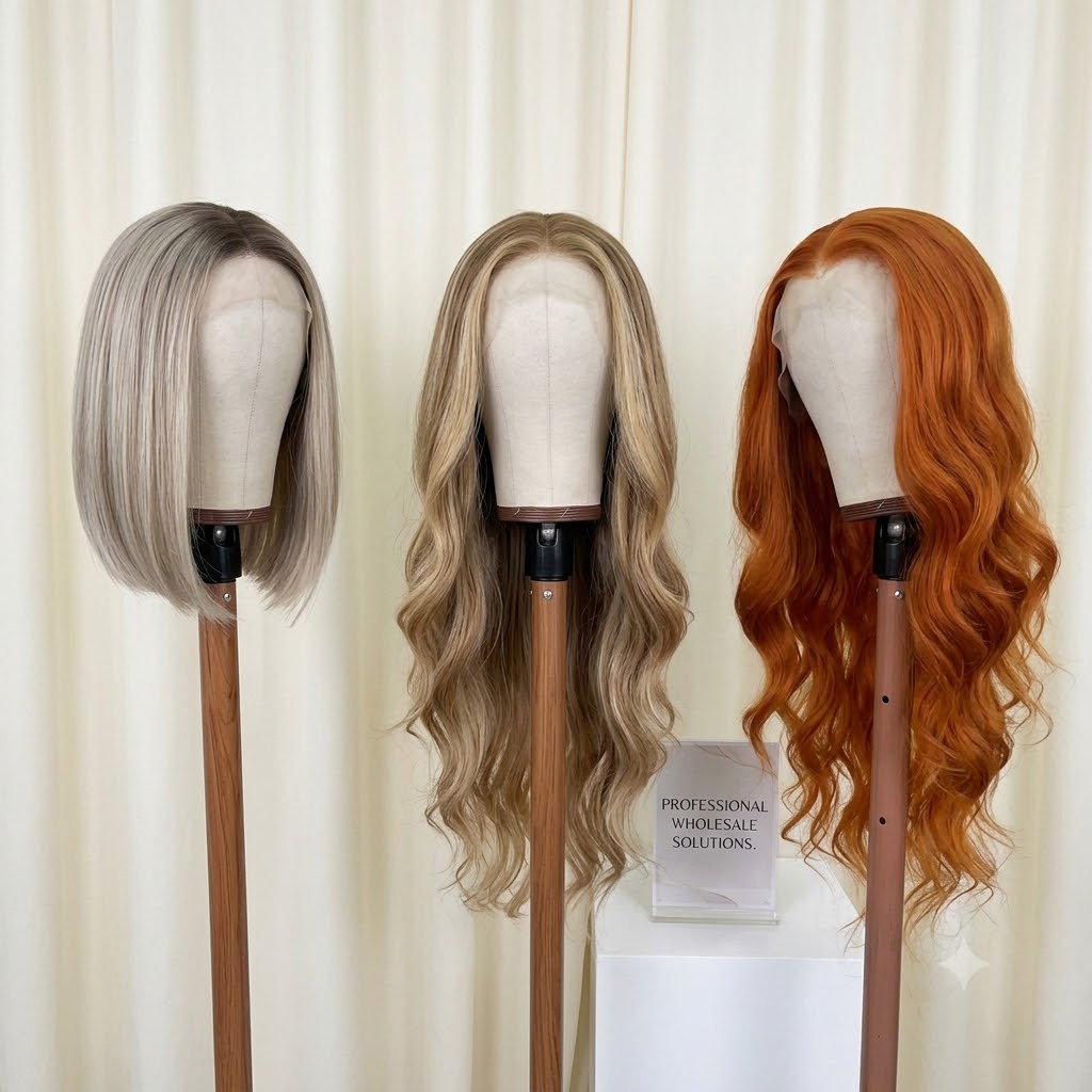 Japanese future fiber wigs factory showcasing wholesale heat resistant synthetic wigs in various colors and styles, including straight, wavy, and curly designs on mannequin heads for custom wig production and B2B wig suppliers.