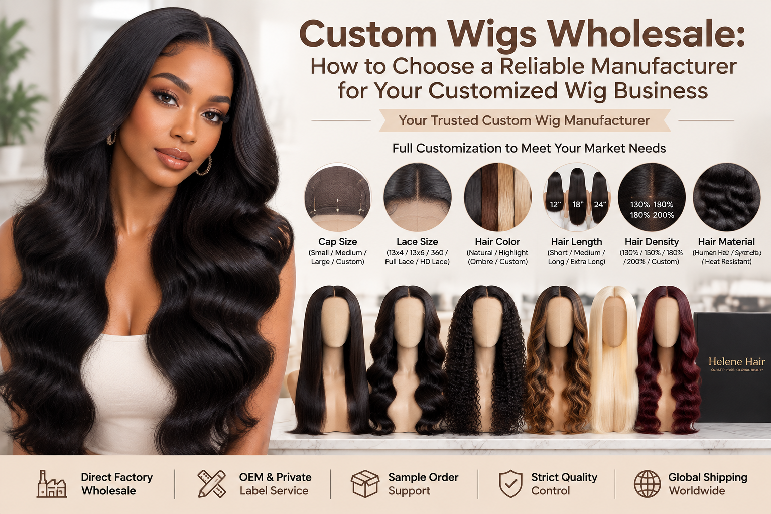 Custom Wigs Wholesale factory offering customized wigs with adjustable cap size, lace size, color, length, density, and material options for B2B wig businesses.