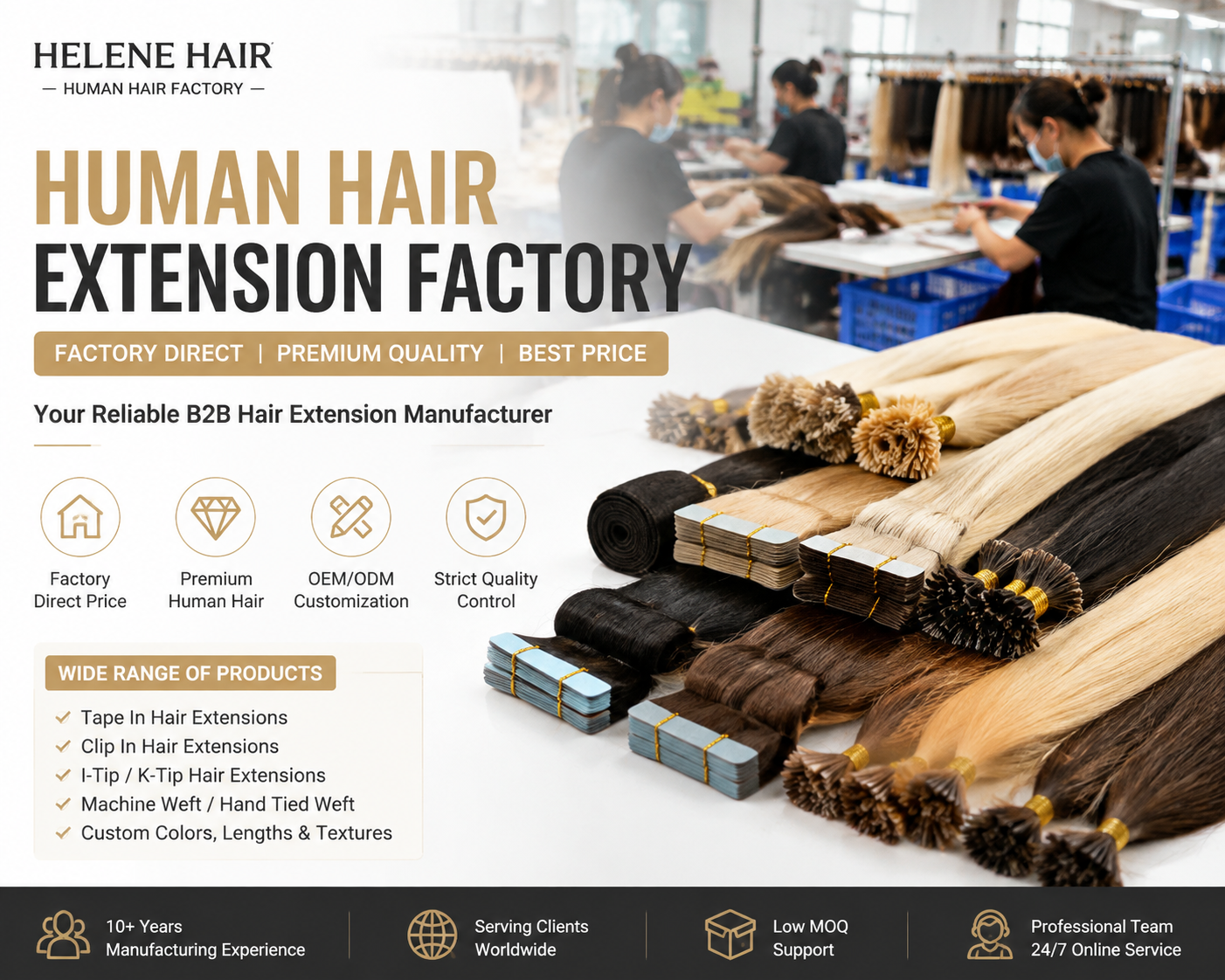 Human Hair Extension Factory showcasing premium wholesale human hair extensions, including tape-in, I-tip, K-tip, and hand-tied weft extensions with factory direct manufacturing, OEM customization, and professional B2B hair extension production solutions.