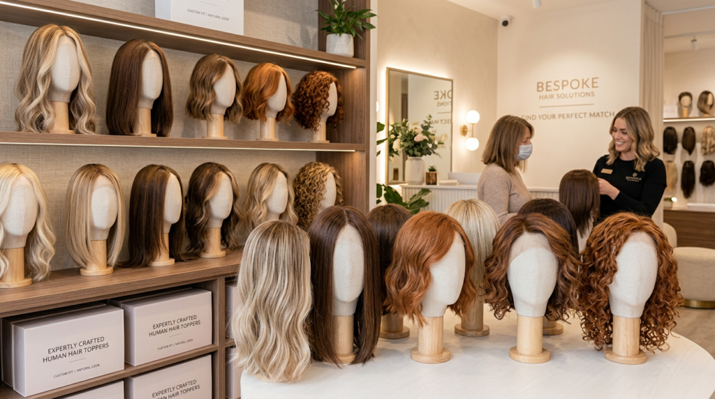 A well-lit showroom features numerous mannequin heads displaying a diverse collection of custom color virgin human hair wigs and toppers in various styles and shades. In the background, a sales associate is engaging with a customer, suggesting a personalized experience offered by a dedicated custom color virgin human hair supplier. Boxes for 'Expertly Crafted Human Hair Toppers' are visible on shelves, emphasizing quality.